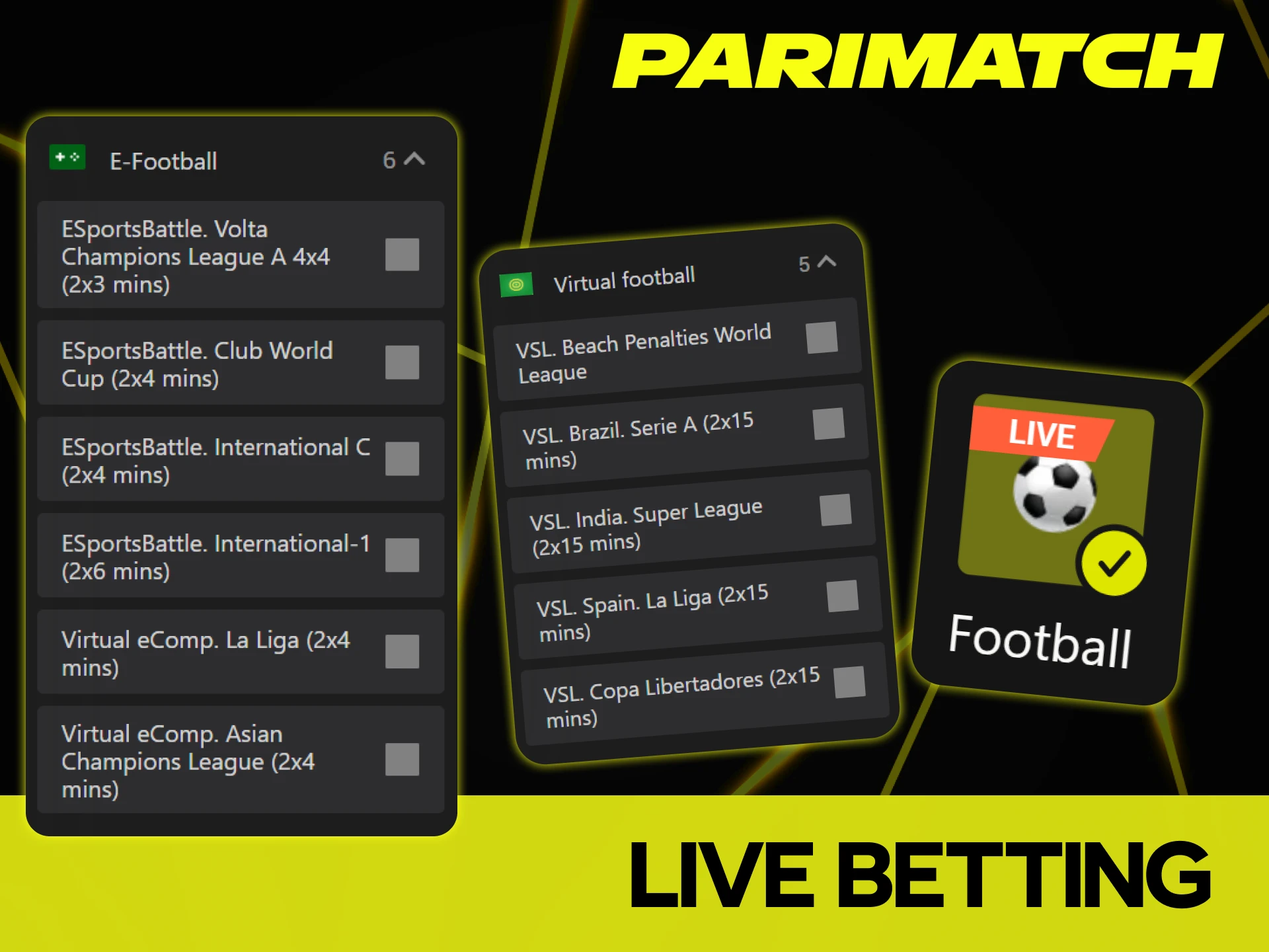 You can try live football betting on Parimatch website.
