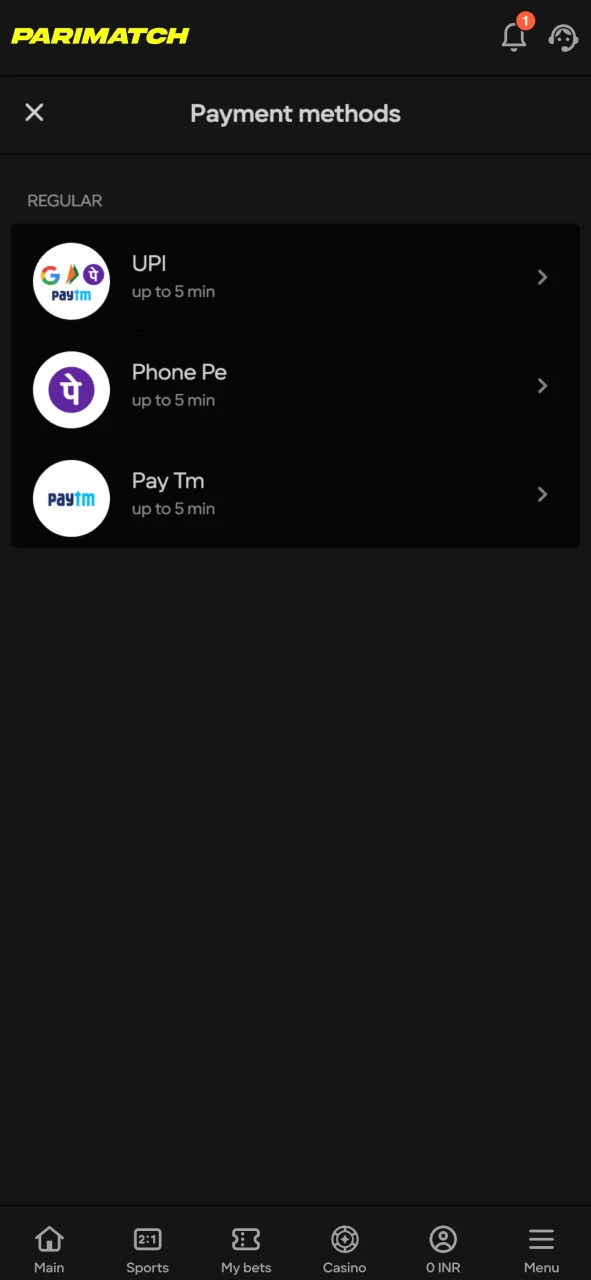 Top up your Parimatch account for placing bets.