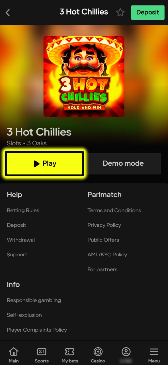 Tap the Play button to start spinning the spicy reels of 3 Hot Chillies at Parimatch.