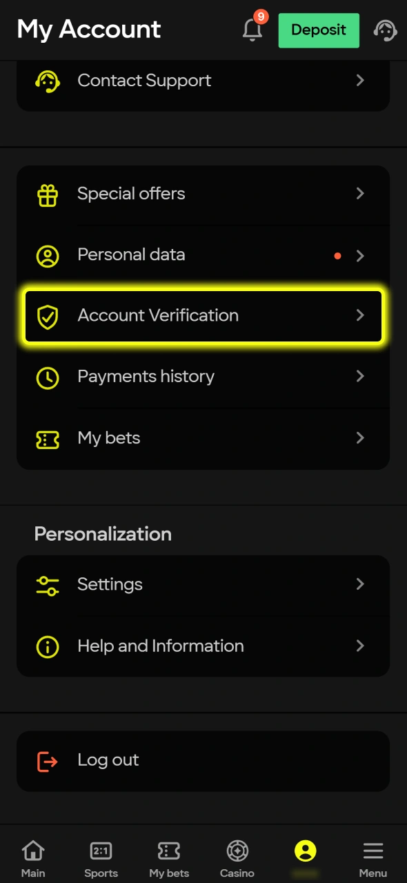 Access the account verification section to secure your profile before playing Candy Palace at Parimatch.