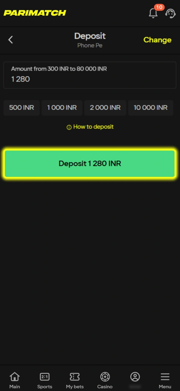 Choose your deposit amount to fund your account for playing Money 5 at Parimatch.
