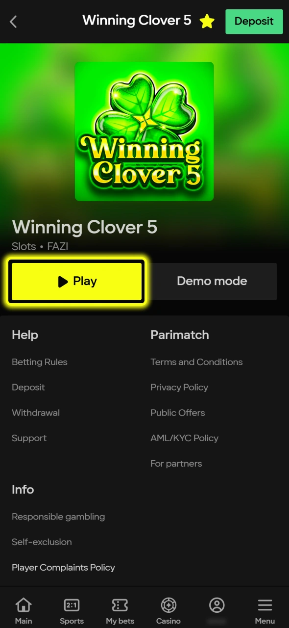 Click the Play button to start the Winning Clover 5 slot game at Parimatch.