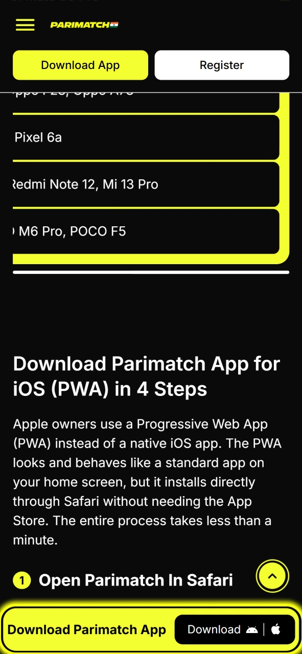 Launch the Parimatch website in the Safari browser to begin the iOS PWA installation.