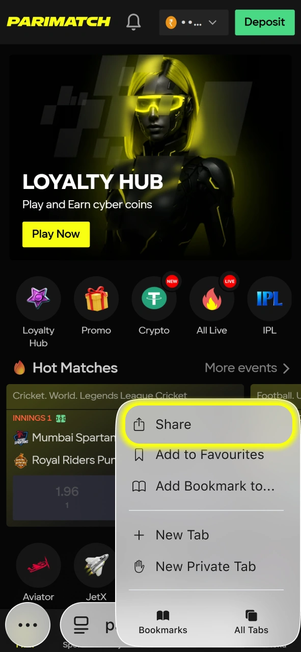 Tap the Share button in the browser menu to add Parimatch to your iPhone.