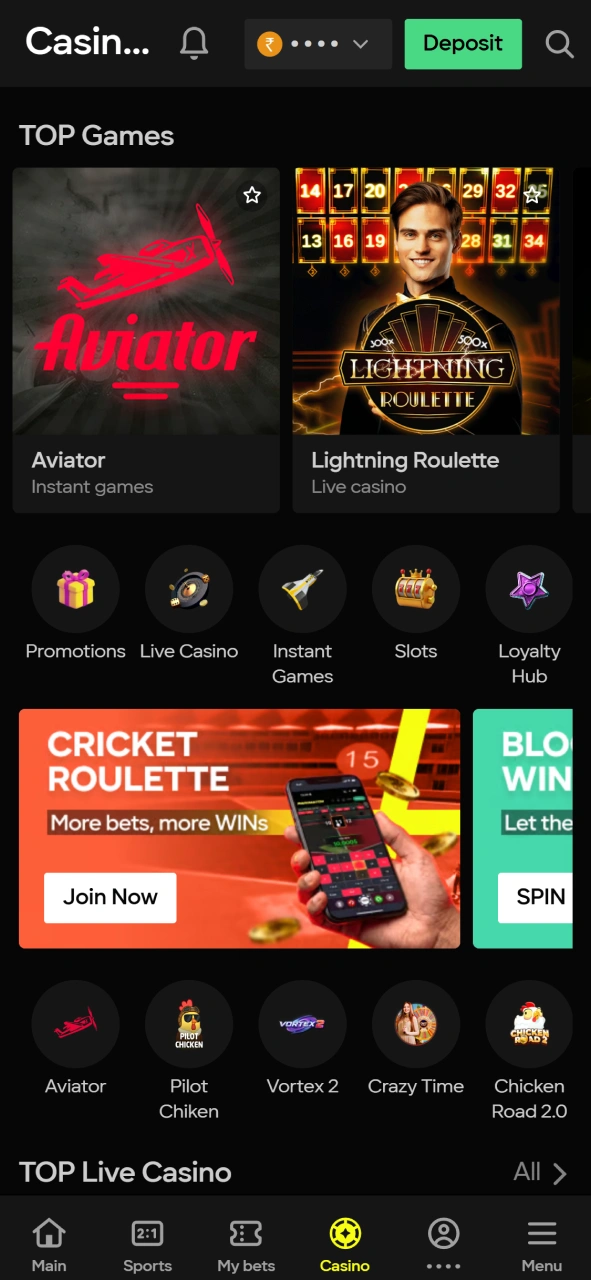 Play Aviator, Lightning Roulette, and Cricket Roulette in the Parimatch mobile casino.