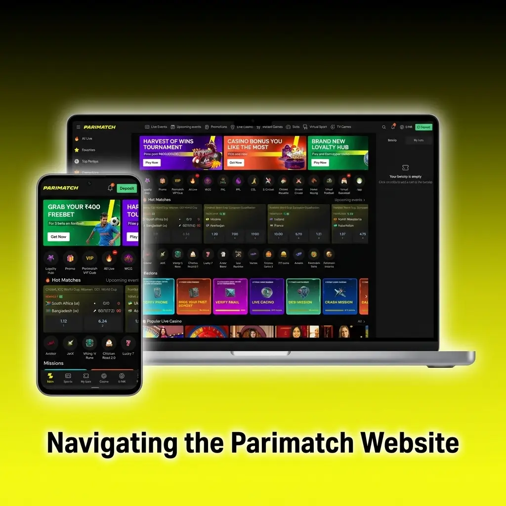 Parimatch website navigation bar showing Sports, Live Betting, Casino, and Promotions sections with account controls